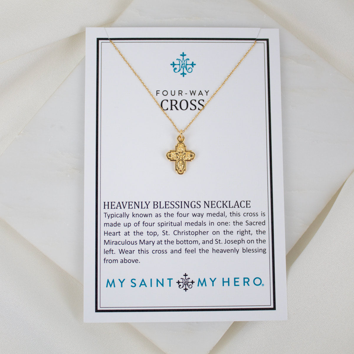 A gold-ton Four-Way Heavenly Blessings Necklace on a product card