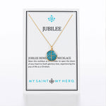 Jubilee Medal of St. Benedict Necklace on gold chain, blue enamel medal on a product card