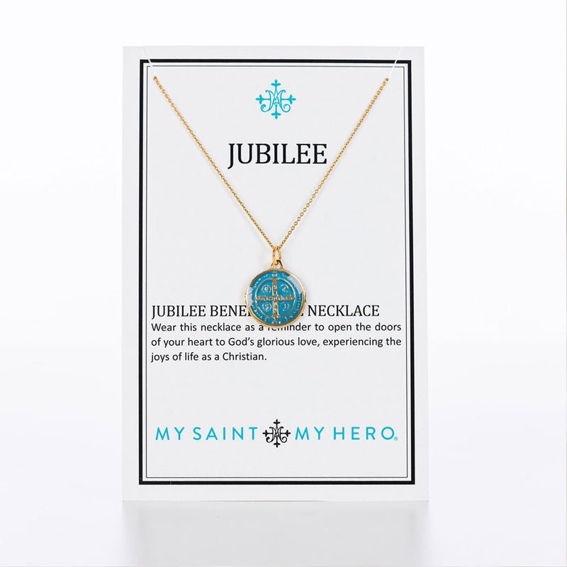 Jubilee Medal of St. Benedict Necklace on gold chain, blue enamel medal on a product card