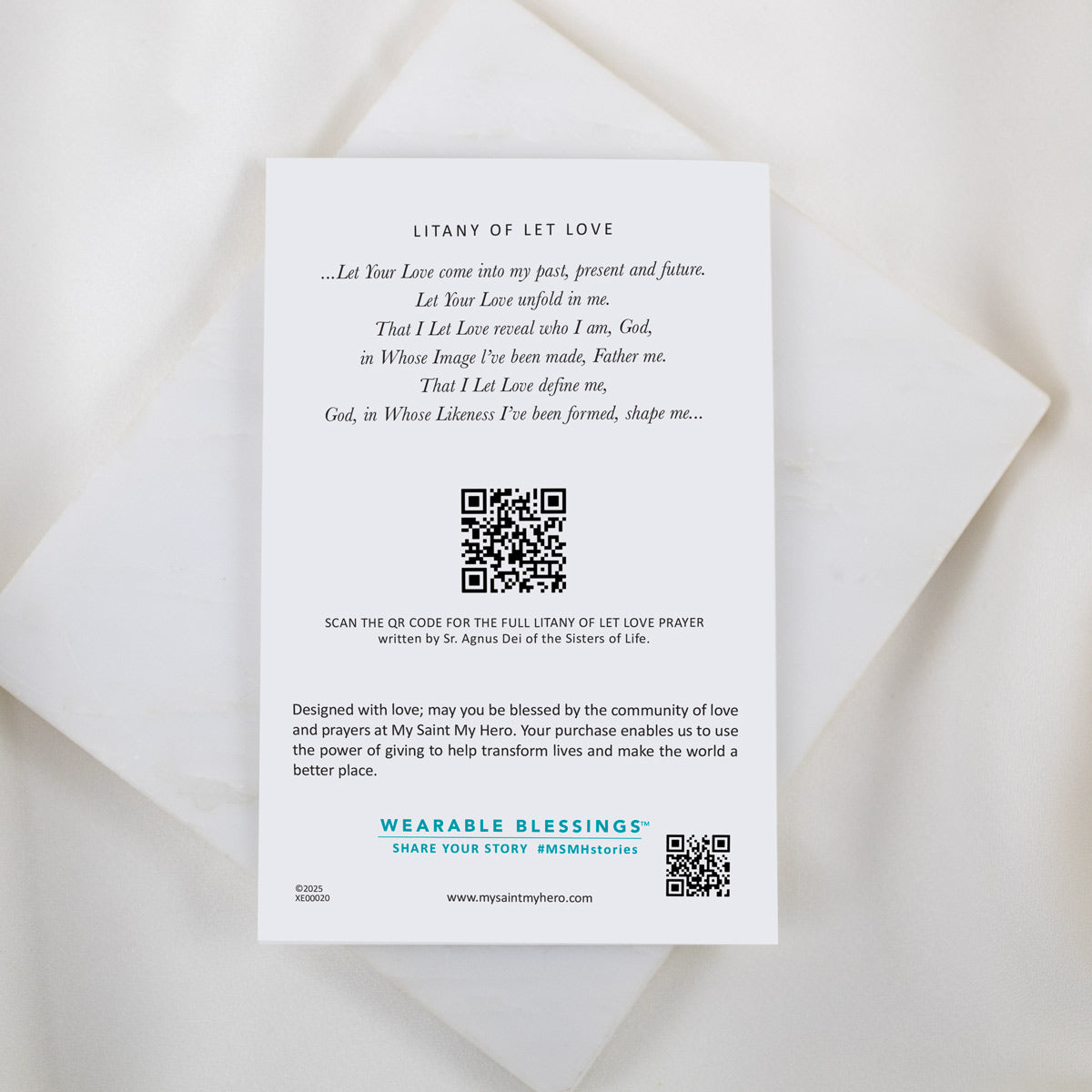 The Litany of Let Love on the back of the bracelet product card