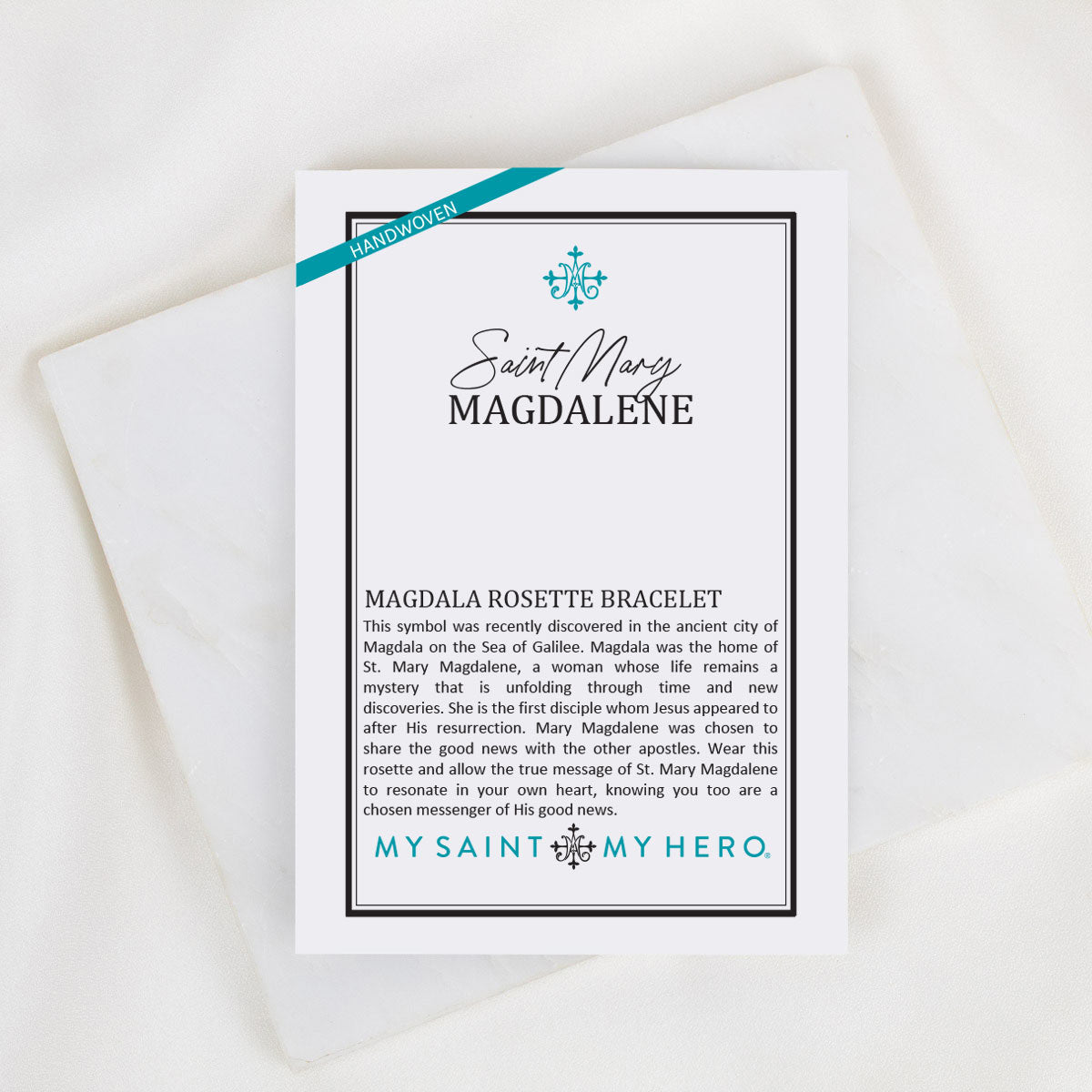 Product description card for 'Saint Mary Magdalene' bracelet on a white background