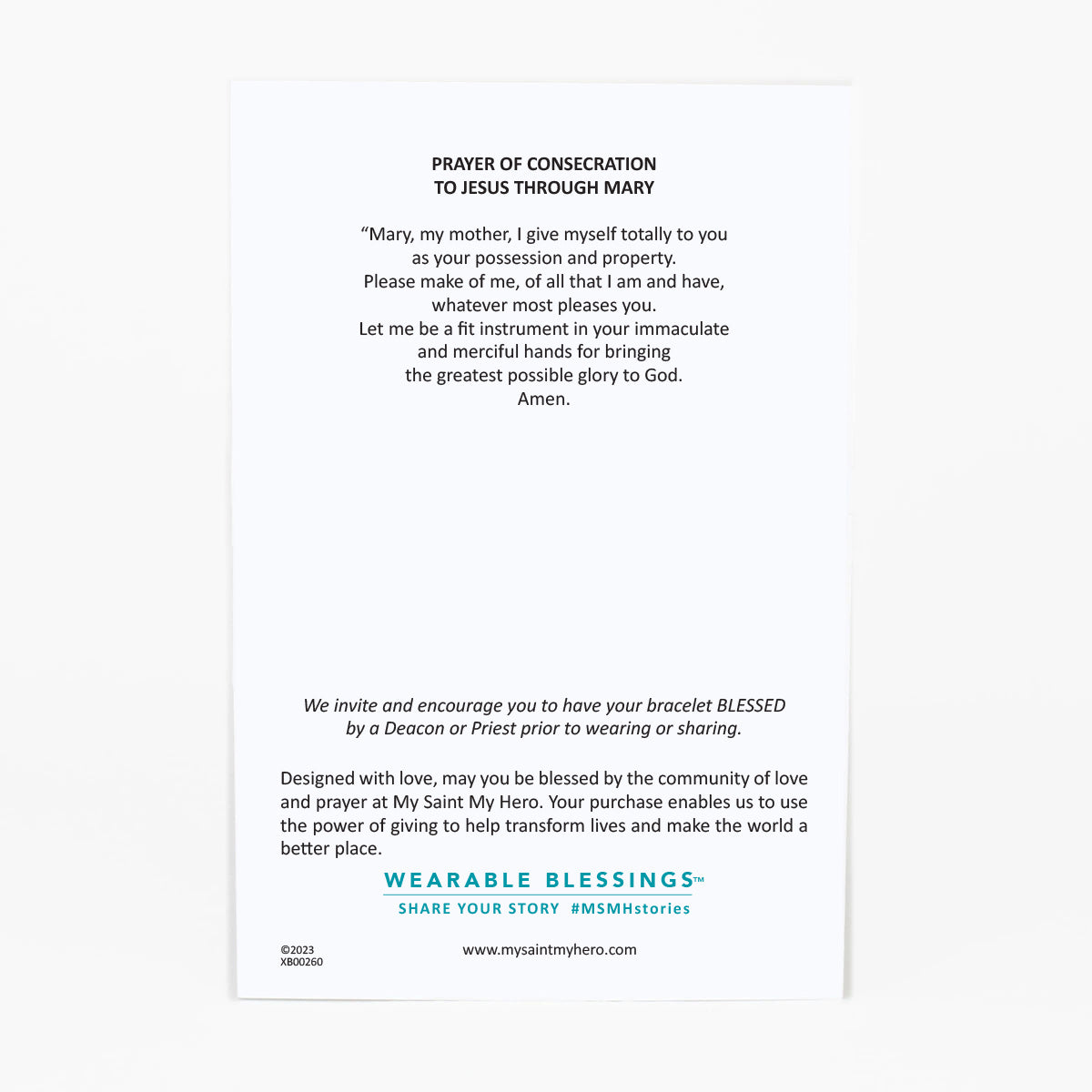 Back of the product card with a Prayer of Consecration to Jesus Through Mary