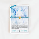 Miraculous Mary Crystal Blessing Bracelet on inspirational product card with image of Mary
