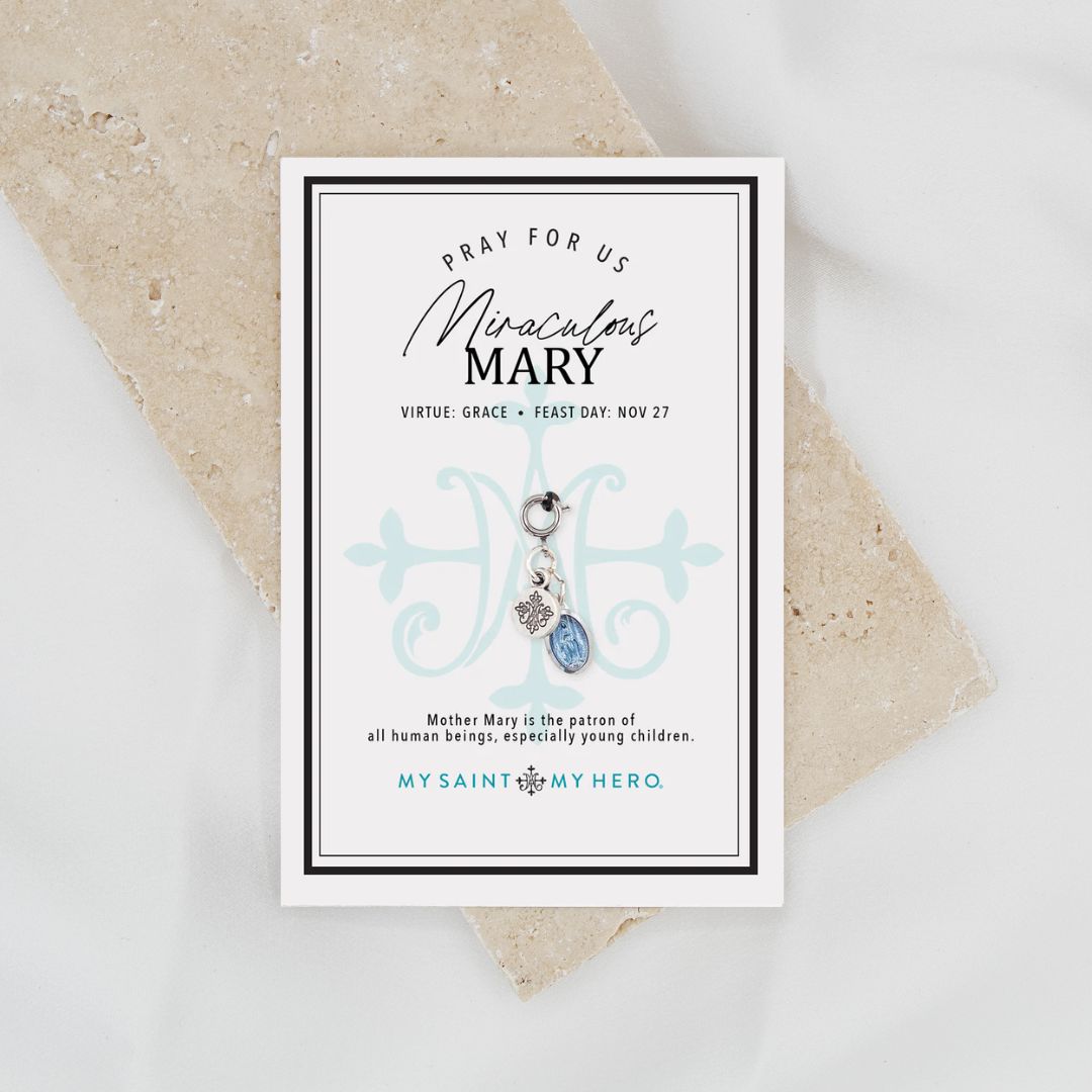 petite blue enamel miraculous mary medal on a small inspirational card