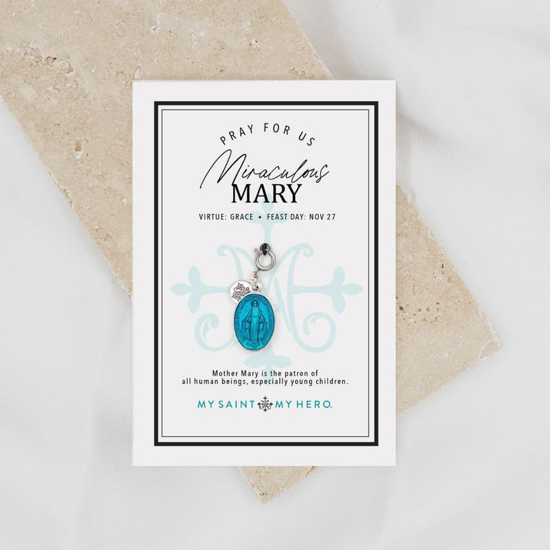 Miraculous Mary Blue Enamel Medal on inspirational card