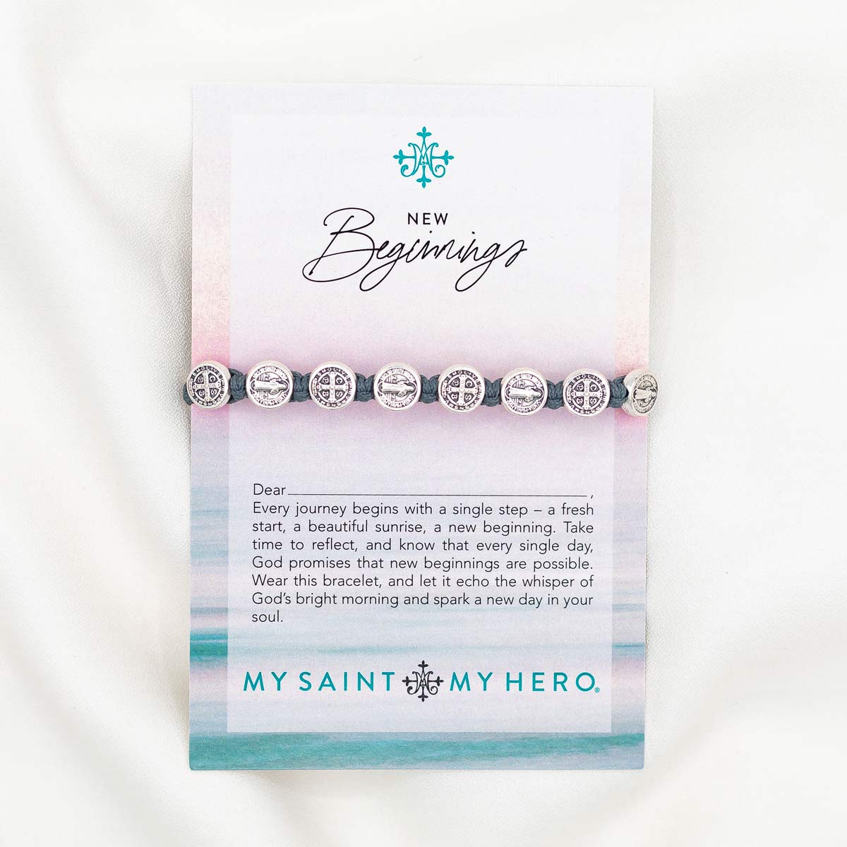 New Beginnings Benedictine Blessing Bracelet slate cording silver tone medals