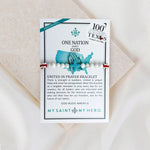 Red White and Bloe Woven Gemstone Bracelet packaging with text and graphics on a beige background