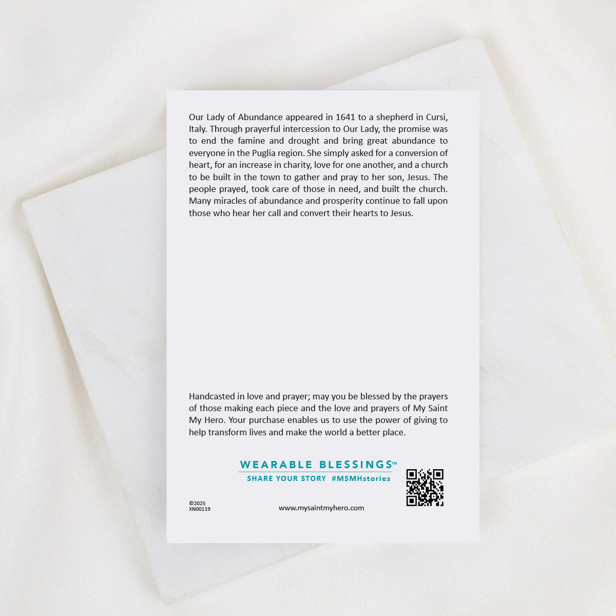 Our Lady of Abundance inspirational product card front with story of Our Lady of Abundance