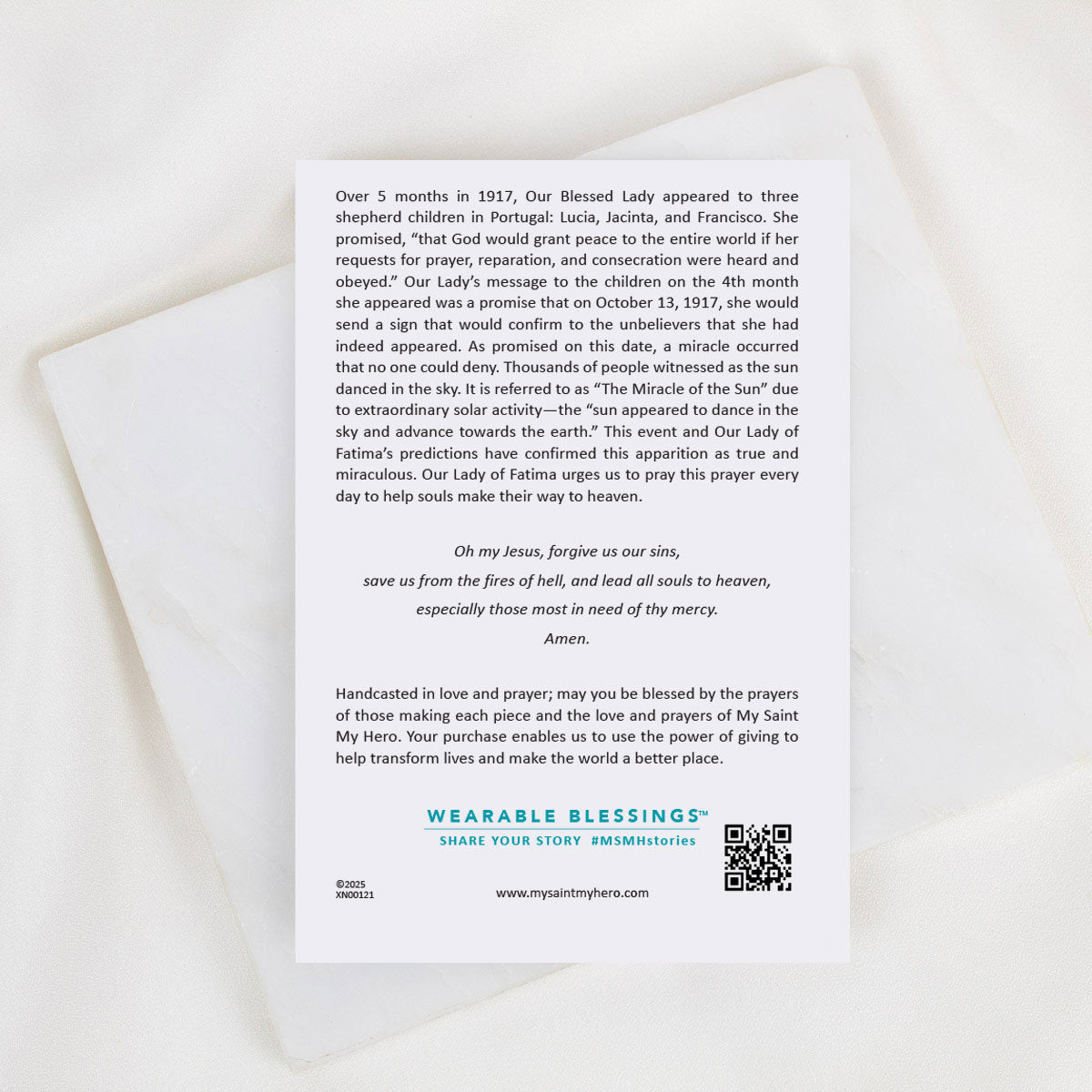 Our Lady of Fatima necklace product card inspirational back