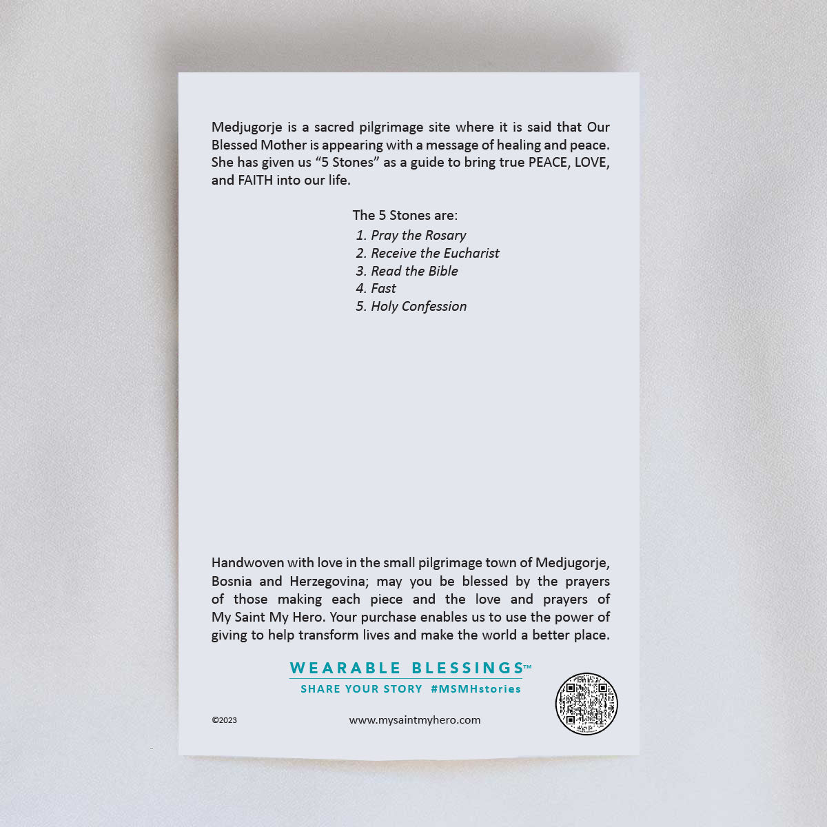 Our Lady of Medjugorje Blessing Bracelet card back