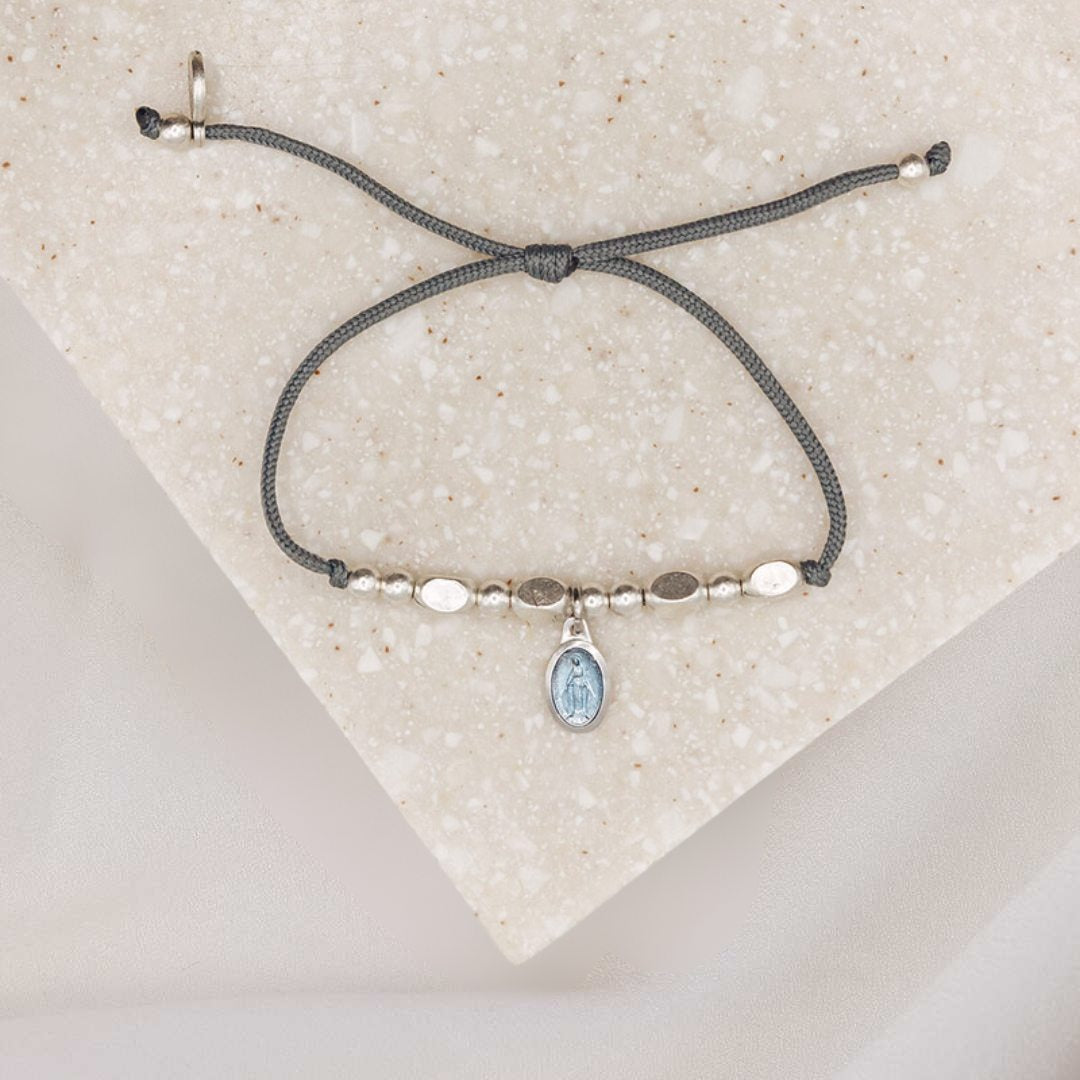 Miraculous Mary Petite Little Saints Bracelet gray slate slip knot cording petite blue enamel Mary Medal Silver tone beads
