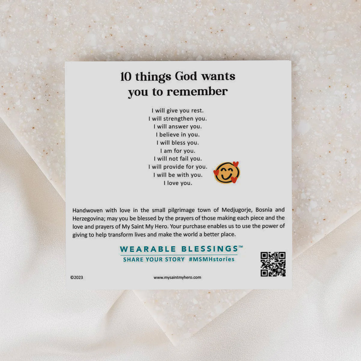 Card with '10 things God wants you to remember' text on a textured beige background