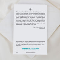 Card with text about Jesus Christ and Blessed Mary, featuring Wearable Blessings branding.