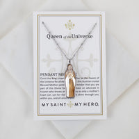 Necklace with pendant on a card titled 'Queen of the Universe' by My Saint My Hero.