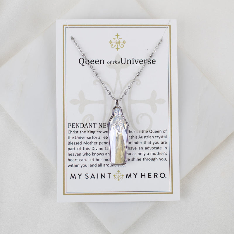 Clear wiht slight yellow Crystal Mary Pendant Necklace on a Queen of the Universe Product Card