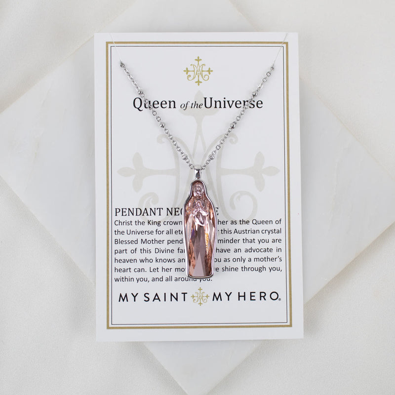 Pink Crystal Mary Pendant Necklace on a Queen of the Universe Product Card