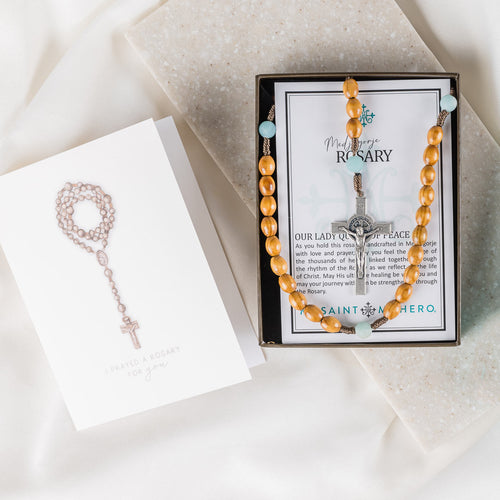 I Prayed a Rosary for You Bundle Wooden and Amazonite Bead Rosary and Novena Gifting Card