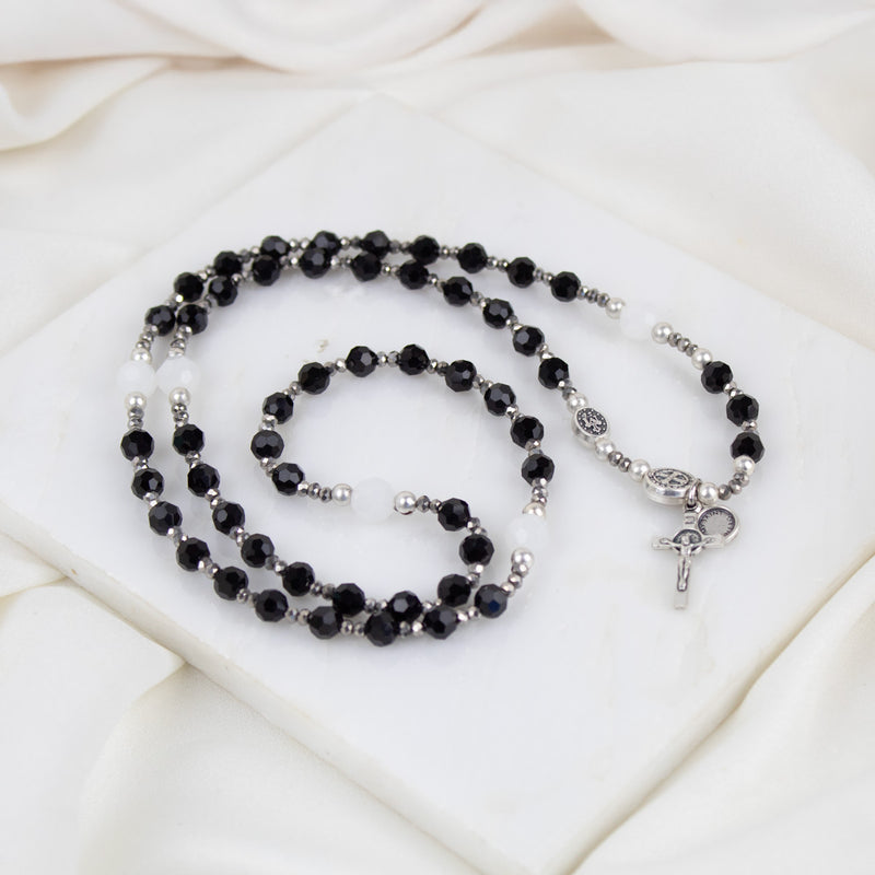 Rosary Wrap Bracelet with white , black, and gray crystals and silver tone crucifix, Miraculous Mary medal and Benedictine medal