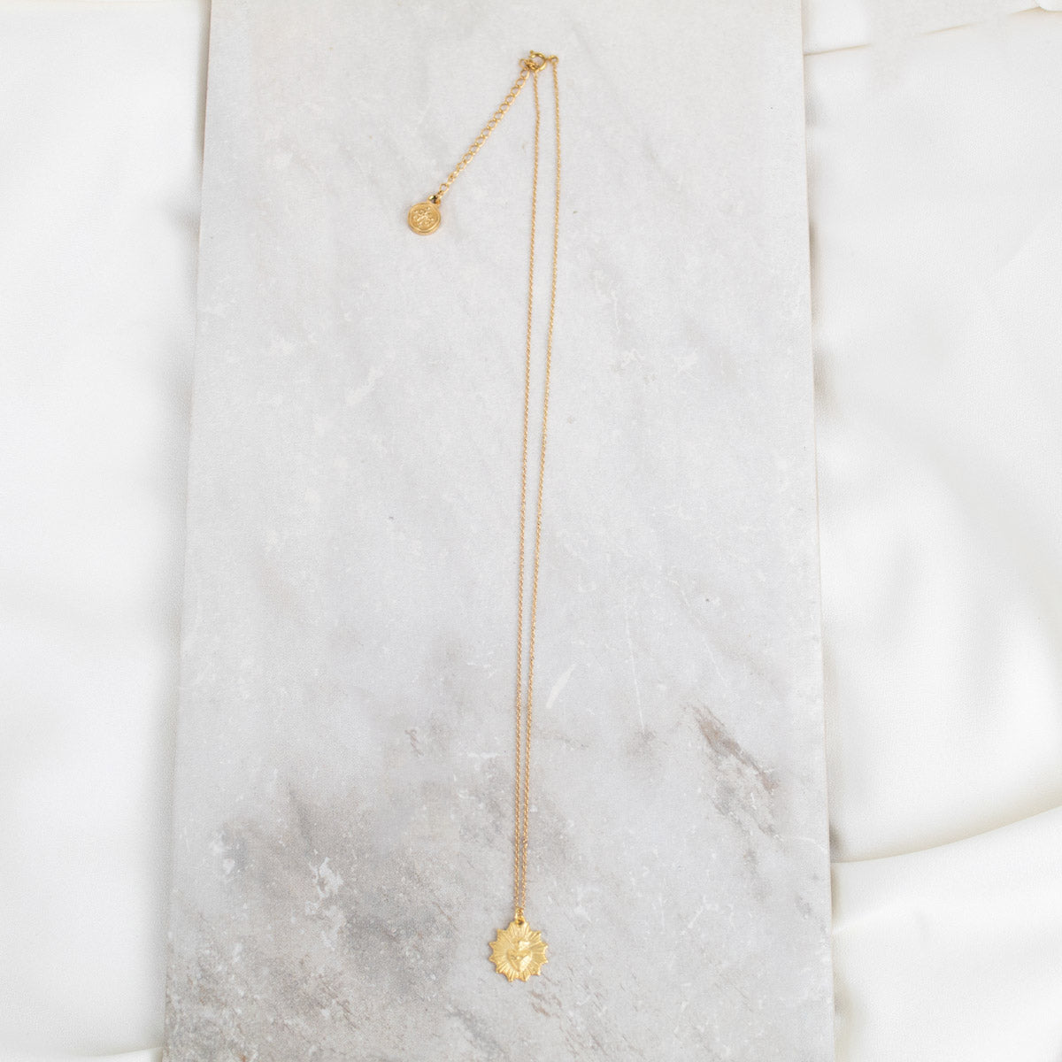Let Love Sacred Heart Necklace show overhead with two inch extender