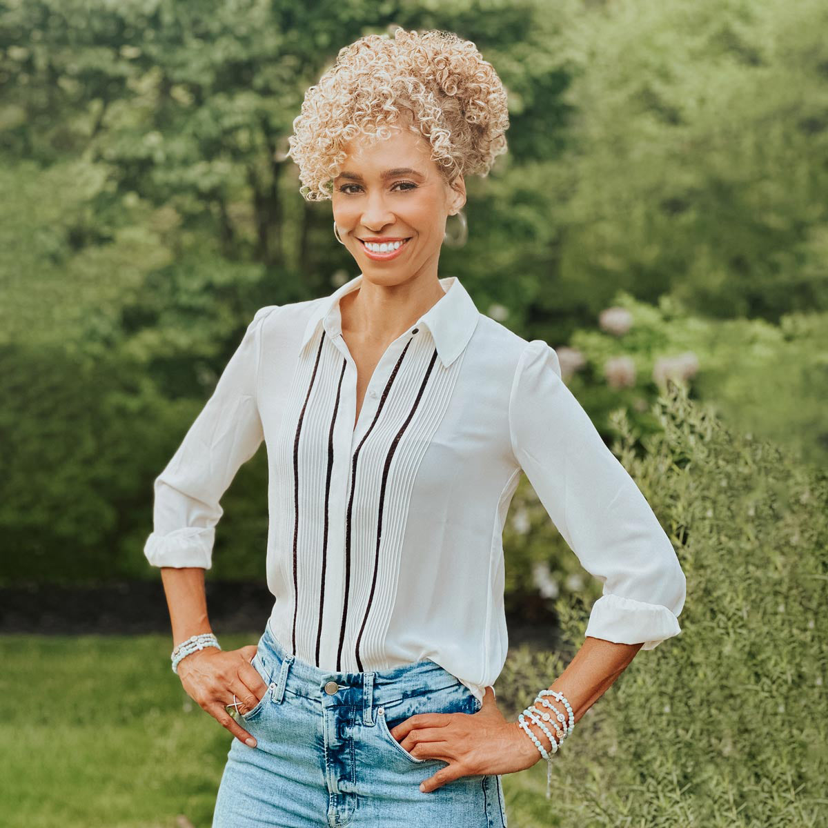 Sage Steele wearing the Sage Steele x My Saint My Hero Divine Grace amazonite bracelets