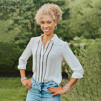Sage Steele wearing the Sage Steele x My Saint My Hero Divine Grace amazonite bracelets