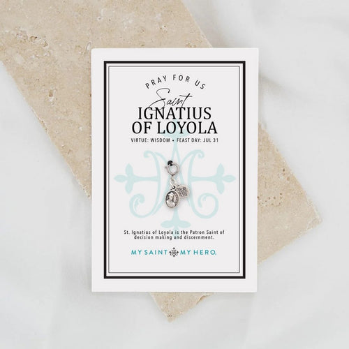 Card with 'Pray for us Saint Ignatius of Loyola' text and a pendant on a light background and petite Saint Ignatius of Loyola Medal