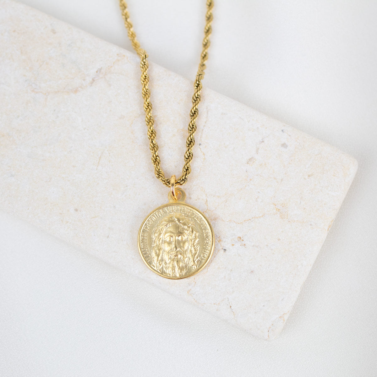 Seek Him Necklace - Face of Jesus Wearable Blessing in gold tone with rope chain