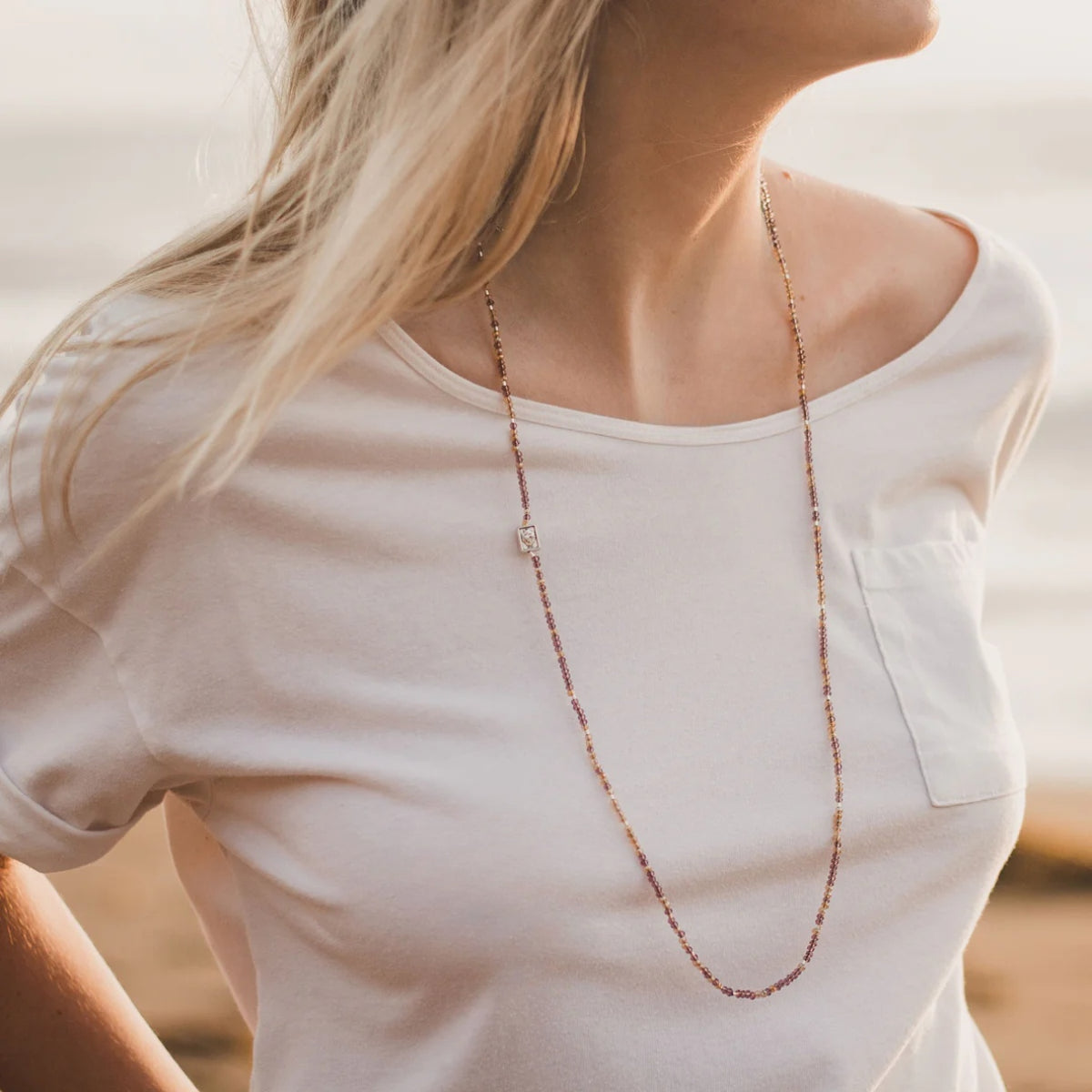 Serenity Morse Code Prayer Rope on woman on beach