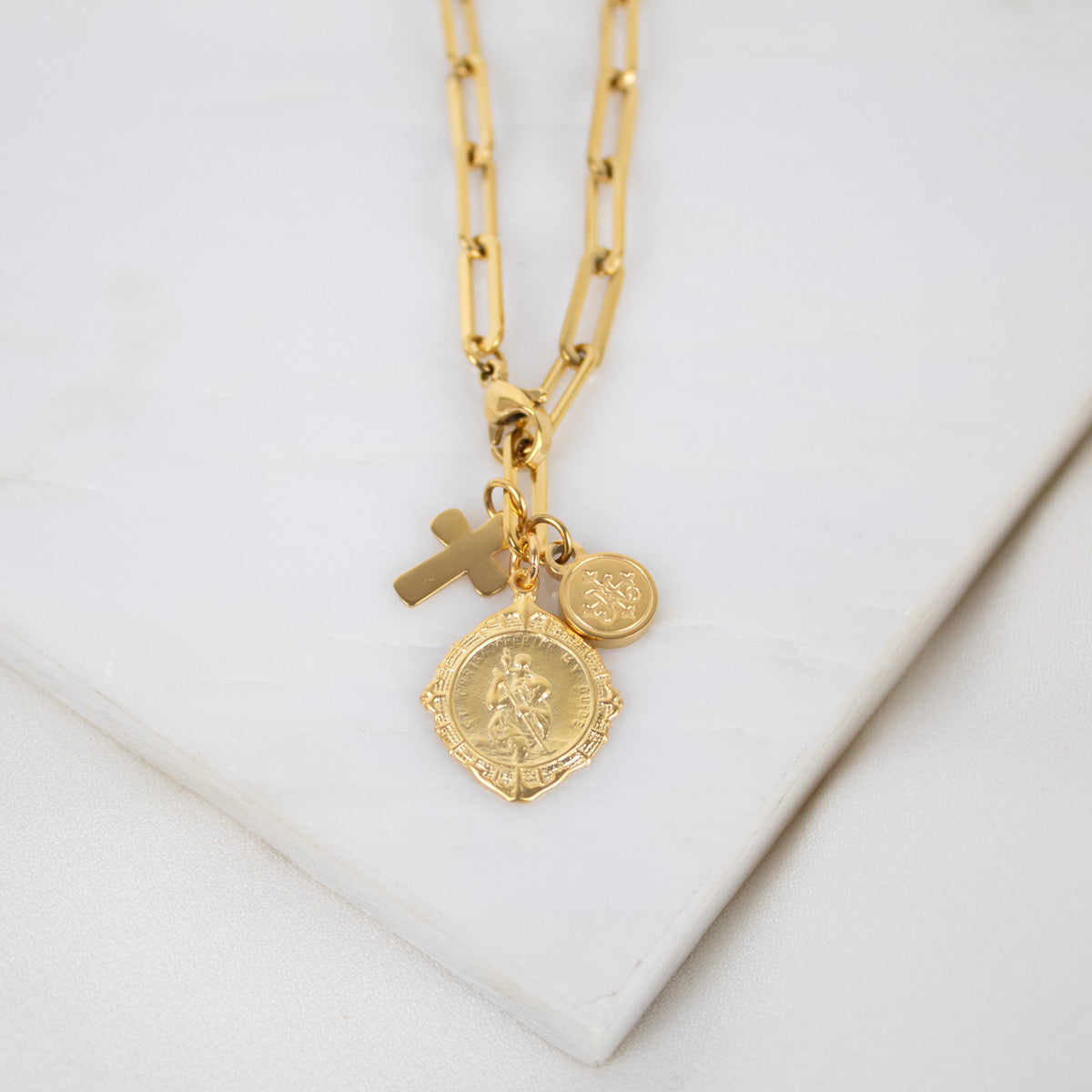 St. Christopher Necklace | 18K Gold Plated Paperclip Chain Travel