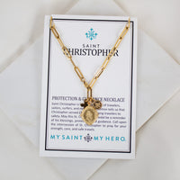 St. Christopher Protection & Guidance Necklace on an inspirational product card. 
