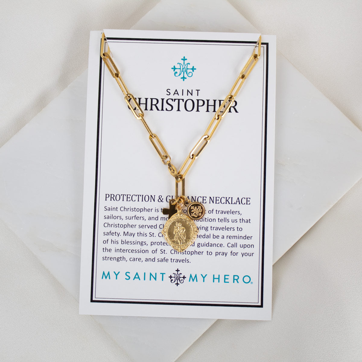 St. Christopher Protection & Guidance Necklace on an inspirational product card. 
