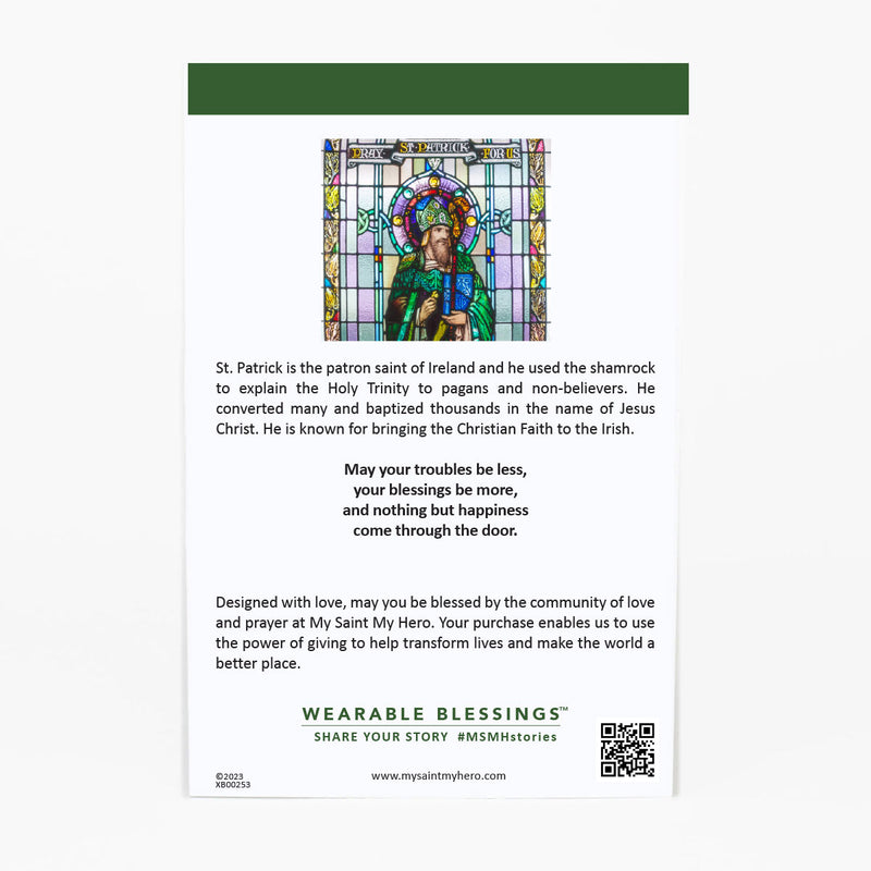 back of the limited edition st. patrick's product card with information about st. patrick