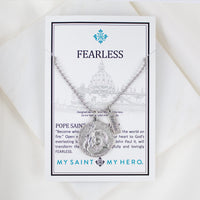 St. John Paul II Fearless Necklace displayed on inspirational card – hand-cast Italian medal with papal coat of arms