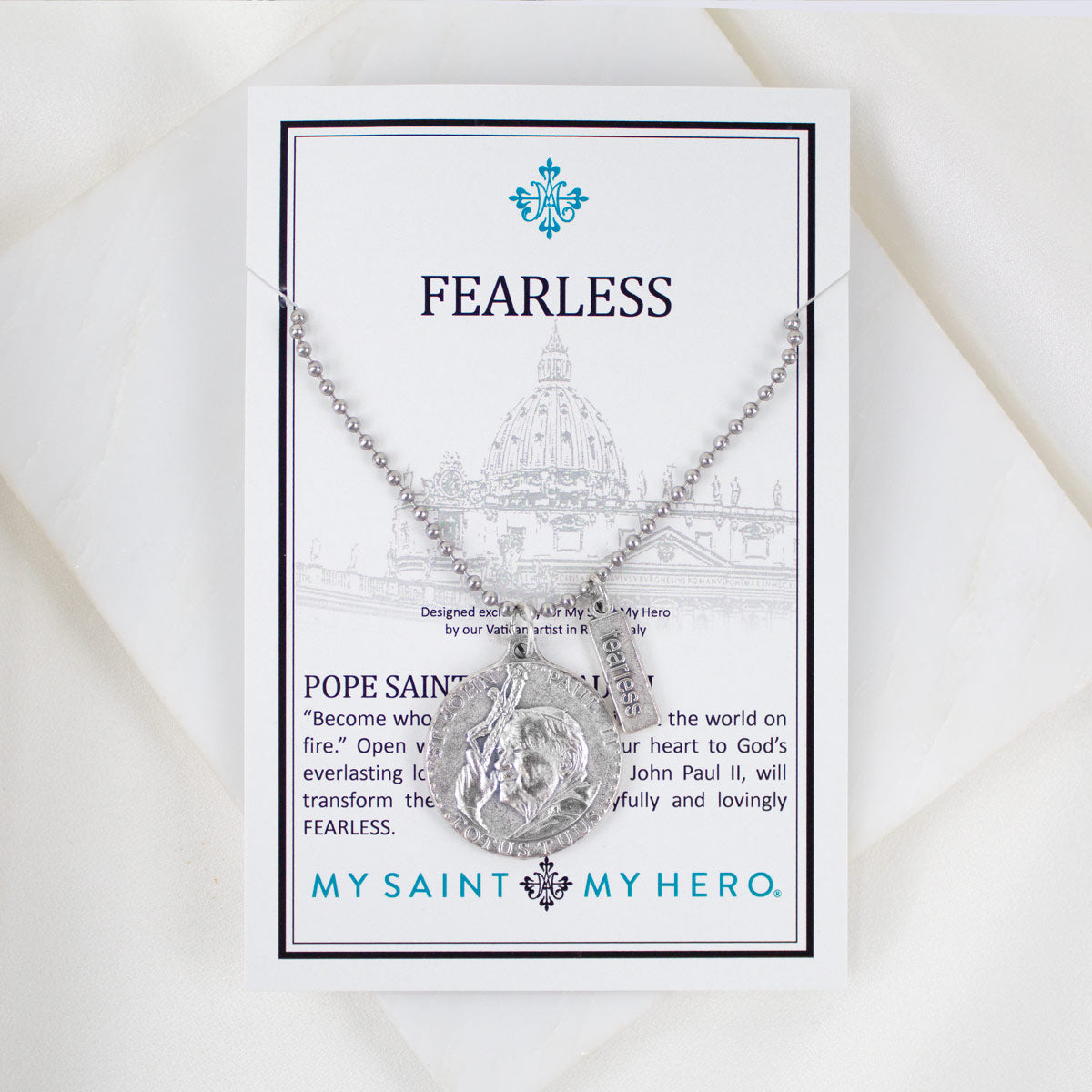 St. John Paul II Fearless Necklace displayed on inspirational card – hand-cast Italian medal with papal coat of arms