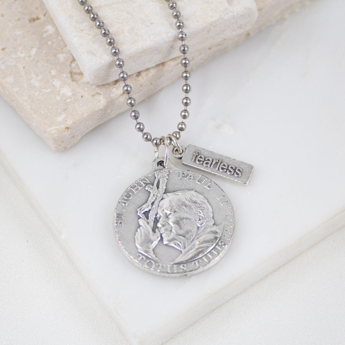 St. John Paul II Fearless Medal Necklace – 28mm double-sided medal with papal coat of arms on a 22-inch bead ball chain