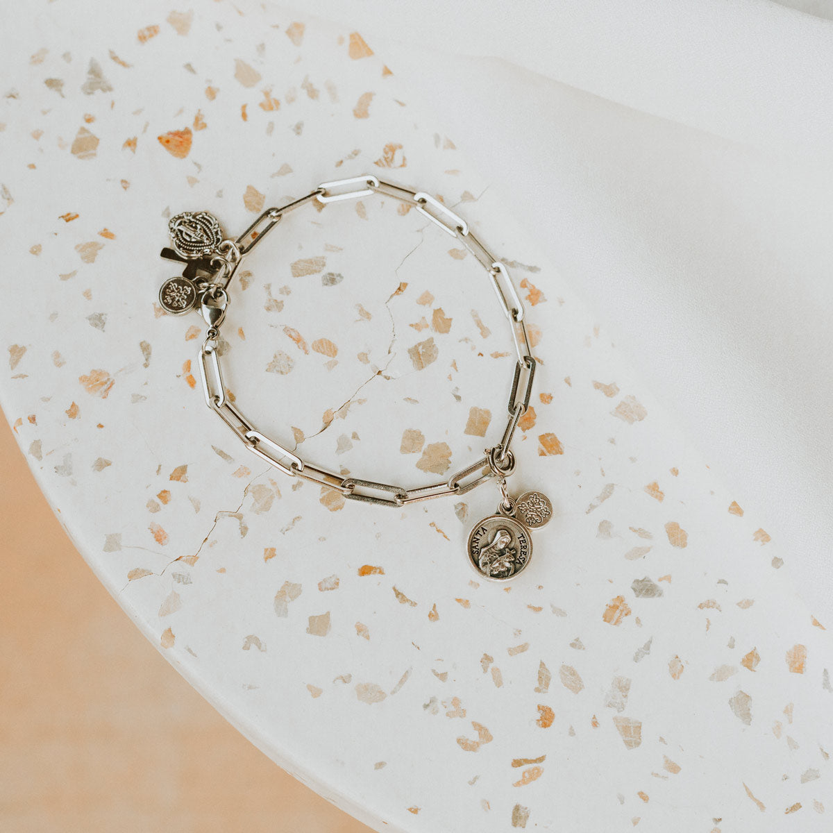 St. Thérèse of Lisieux Medal on paper clip style silver tone chain bracelet