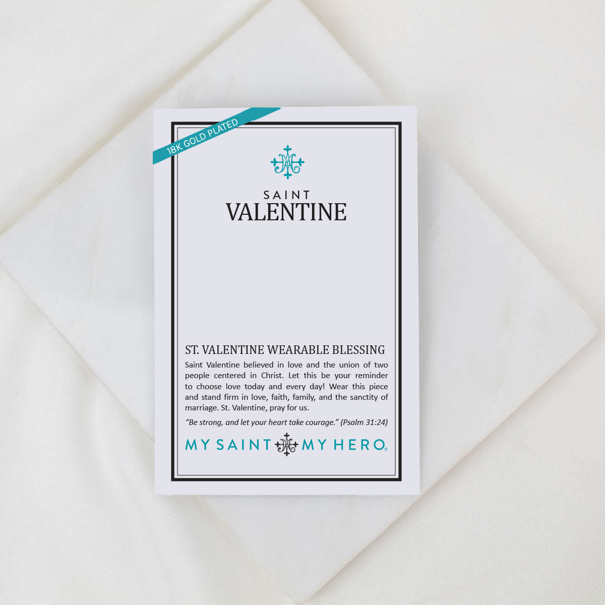 Saint Valentine wearable blessing card on a white background