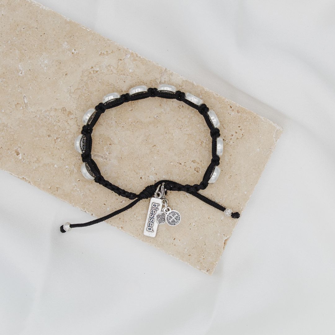 St. Benedict Medal - Small siliver tone on woven blessing bracelet