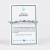 blue handwoven blessing bracelet with marian medals on an inspirational product card