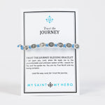 blue handwoven blessing bracelet with marian medals on an inspirational product card