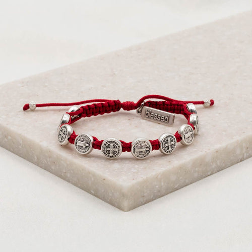 Confirmation Blessing Bracelet Red Woven Cording with Silver St. Benedict Medals and a Blessed Charm Tag