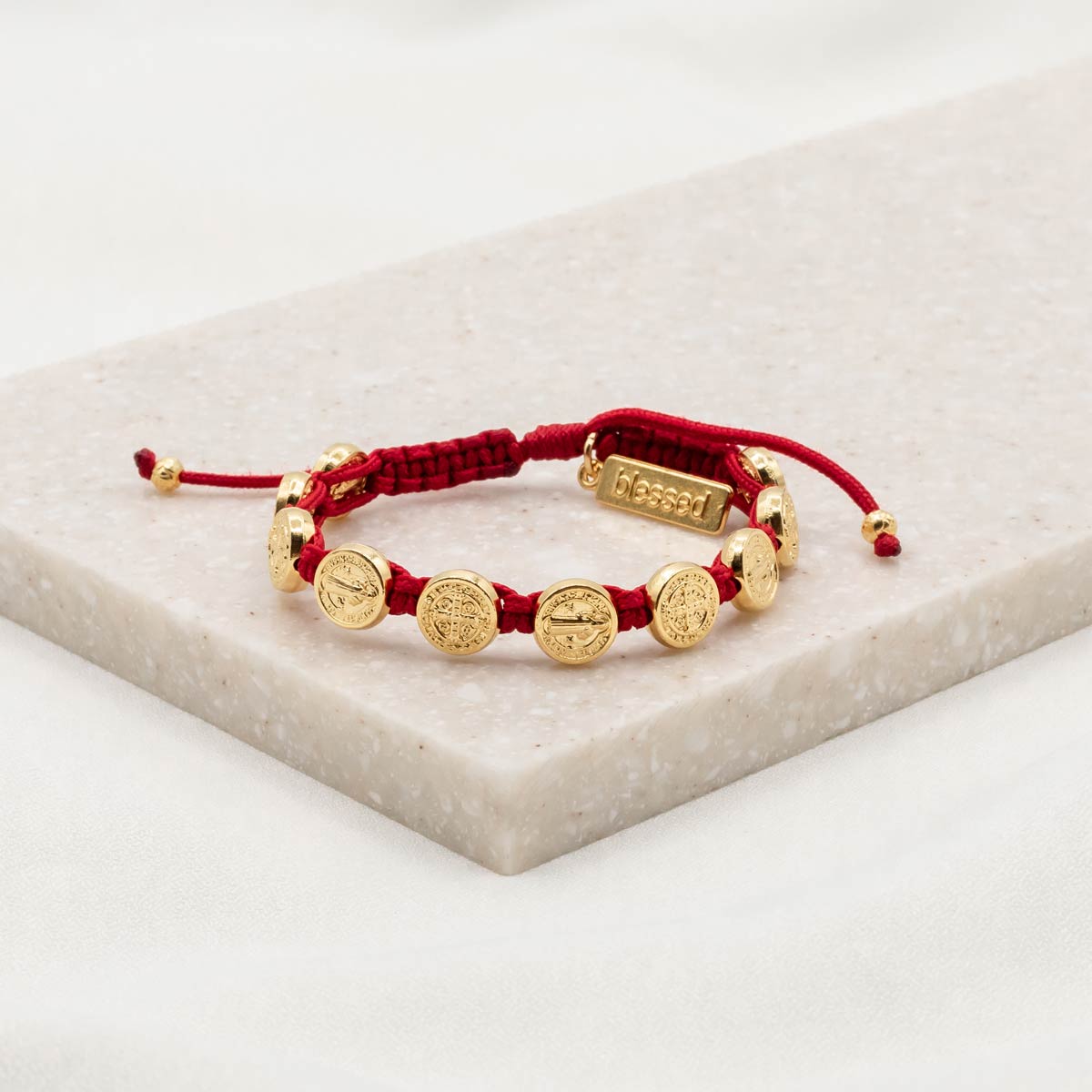Confirmation Blessing Bracelet Red Woven Cording with Gold St. Benedict Medals and a Blessed Charm Tag