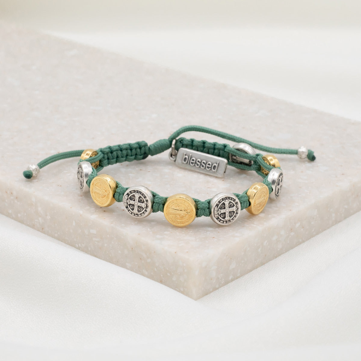 Benedictine Blessing Bracelet Sage Cording Mixed Saint Benedict Medals