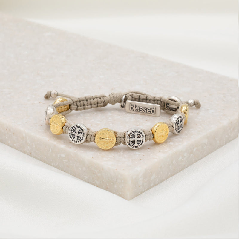 Benedictine Blessing Bracelet Tan Cording Mixed Saint Benedict Medals