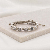 Confirmation Blessing Bracelet Tan Woven Cording with Silver St. Benedict Medals and a Blessed Charm Tag