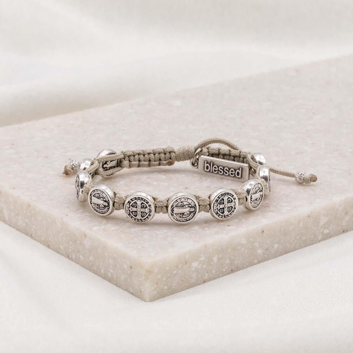Confirmation Blessing Bracelet Tan Woven Cording with Silver St. Benedict Medals and a Blessed Charm Tag