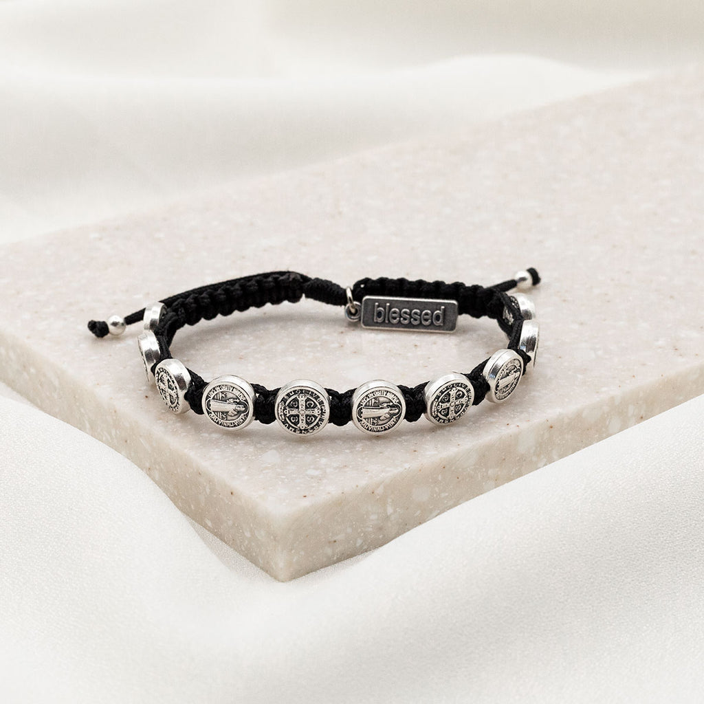 Benedictine Blessing Bracelet for Him with Saint Benedict silver medals of protection and black woven cording