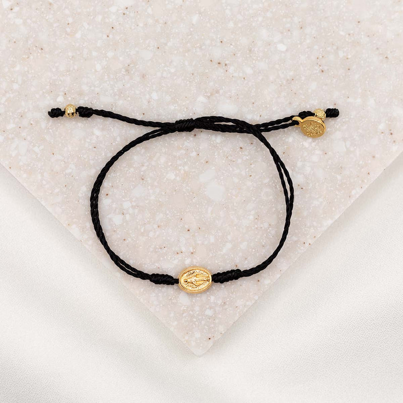 Say Yes Miraculous Mary Bracelet black cording gold medal