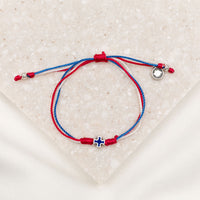 Red, White, and Blue corded slipknot bracelet with blue enamel and silver cross bracelet for men and women