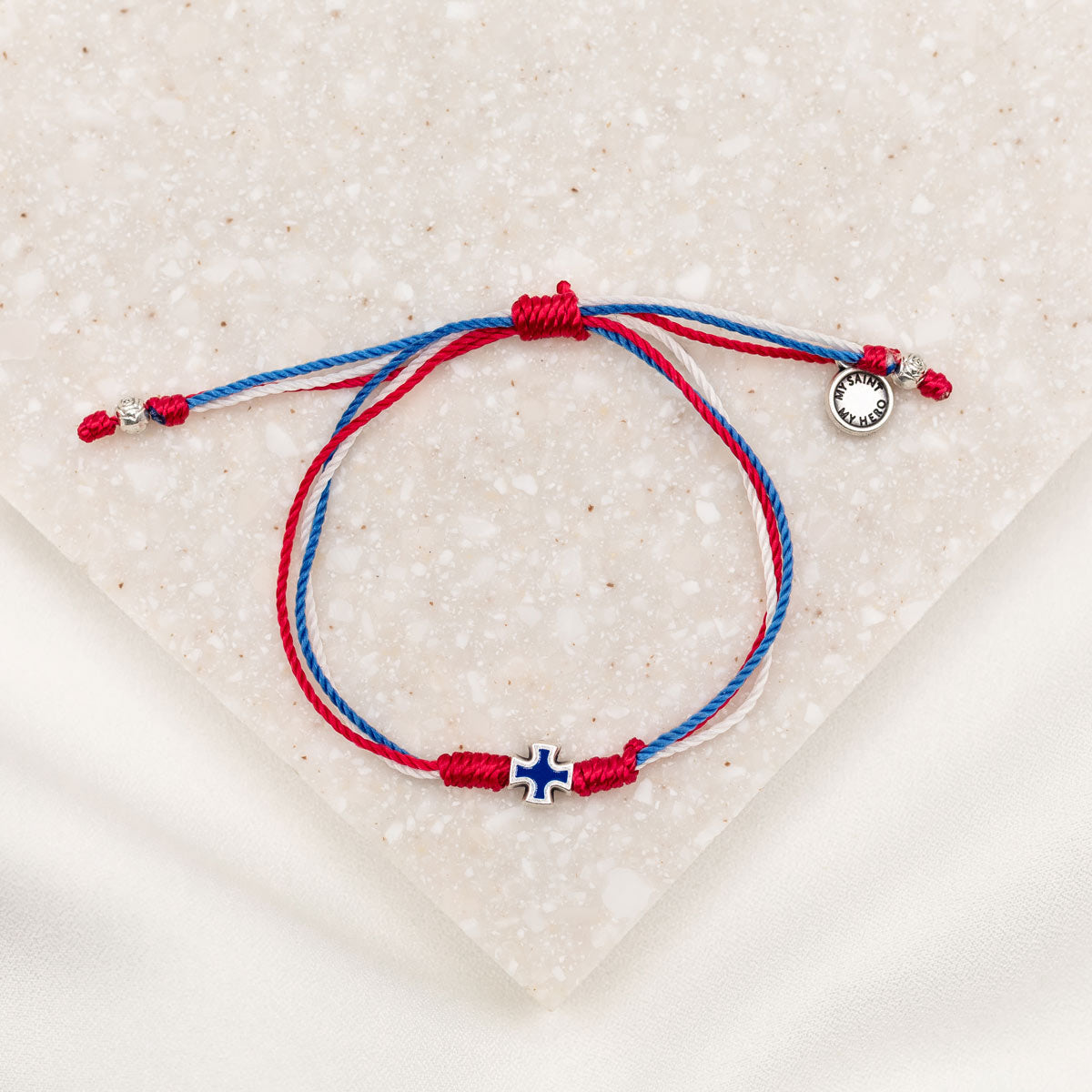 Red, White, and Blue corded slipknot bracelet with blue enamel and silver cross bracelet for men and women